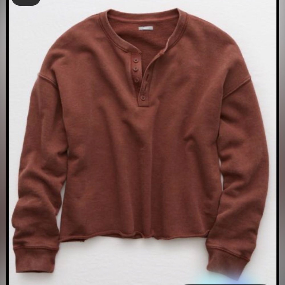 aerie Long-Sleeve Henley Top in rust Brown - Size Small